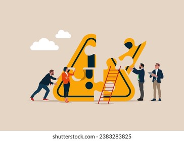 Tiny people connecting puzzle elements with exclamation attention sign. Solving problem, incident management. Flat vector illustration