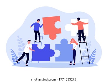 Tiny people connecting puzzle parts. Business team working on jigsaw together. Vector illustration for partners connection, cooperation, teamwork, partnership concept