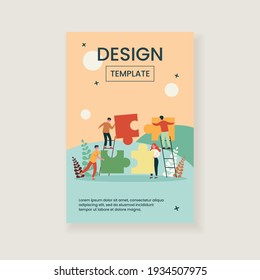 Tiny people connecting puzzle parts. Business team working on jigsaw together. Vector illustration for partners connection, cooperation, teamwork, partnership concept