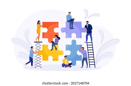 Tiny people connecting puzzle pieces trying to find a solution together. Effective workflow. Teamwork, cooperation, partnership and collaboration. Business concept. Vector illustration