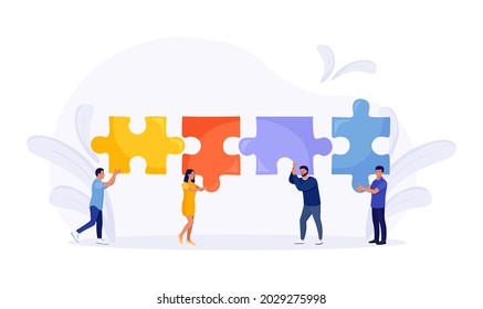 Tiny people connecting puzzle pieces trying to find a solution together. Effective workflow. Teamwork, cooperation, partnership and collaboration. Business concept. Vector illustration