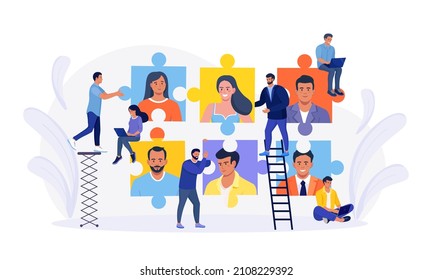 Tiny people connecting puzzle pieces, build team, hiring employees. Business company is looking for employee. Teamwork and collaboration. Open vacancy, partnership. Vector design