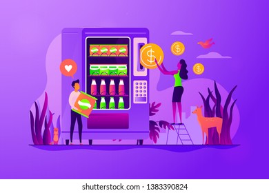 Tiny people consumers buying snacks and drinks in vending machine. Vending machine service, vending business, self-service machine concept. Vector isolated concept creative illustration.