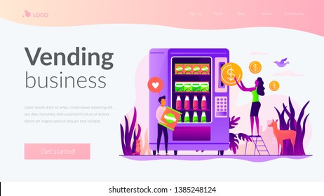 Tiny people consumers buying snacks and drinks in vending machine. Vending machine service, vending business, self-service machine concept. Website homepage header landing web page template.