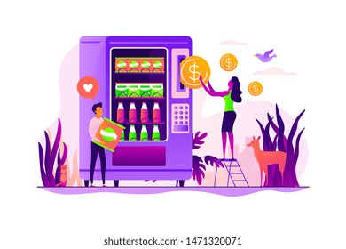 Tiny people consumers buying snacks and drinks in vending machine. Vending machine service, vending business, self-service machine concept. Vector isolated concept creative illustration.