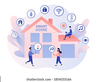 Tiny people control of lighting, heating, ventilation and air conditioning, security and video surveillance with smartphone app or laptop. Smart home. Modern flat cartoon style. Vector illustration