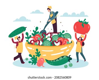 Tiny people cook salad. Characters drag huge vegetables into large salad bowl. Persons make vegetarian recipe. Chefs put tomatoes or cucumbers in plate. Healthy vitamin food. Vector concept