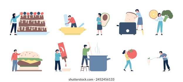 Tiny people cooking and baking. Giant cookware, vegetables, fruits and burger. Woman doing toast, people cook salad and cake, recent vector set