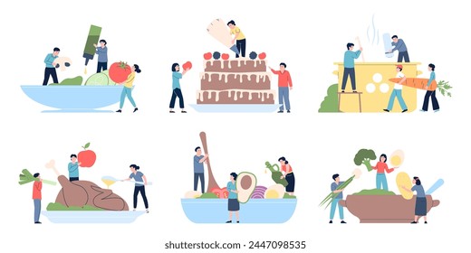 Tiny people cooking different food. Dinner and lunch, bake turkey or chicken. Fresh vitamin salad and sweet dessert, recent vector flat scenes