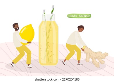 Tiny people cooking Ginger Lemonade, Woman bringing Ginger root, man holding lemon fruit. Colored flat cartoon vector illustration For cooking site, menu, books. Summer Detox drink. Healthy nutrition