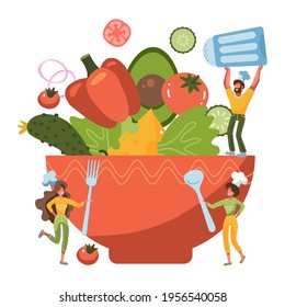 Tiny people cooking green salad for a healthy lifestyle. Small characters standing by huge salad bowl. Flat vector Illustration for greeting card,poster,banner template.