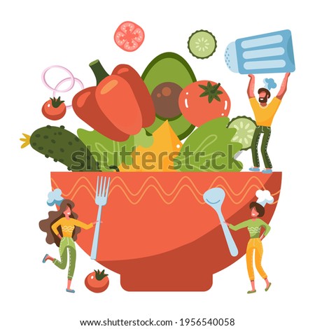 Tiny people cooking green salad for a healthy lifestyle. Small characters standing by huge salad bowl. Flat vector Illustration for greeting card,poster,banner template.