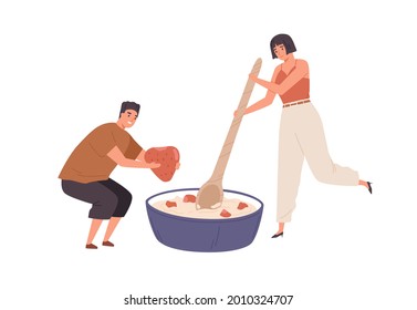 Tiny People Cooking Healthy Food For Breakfast. Scene Of Man And Woman With Porridge. Person Adding Strawberry Into Huge Oatmeal Bowl. Flat Vector Illustration Of Cereal Dish Isolated On White