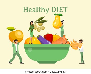 Tiny people cooking huge food salad vector illustration. Healthy diet and little people concept. People cooking huge vegetables.