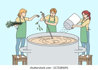 Tiny People Cooking Huge Pan Of Soup Together. Chefs Preparing Food, Adding Herbs And Spices. Cuisine And Culinary Concept. Vector Illustration. 