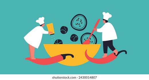 Gente pequeña cocinando en la cocina. Ilustración plana vectorial. Colección de varios hombres de dibujos animados, mujer preparando la comida.