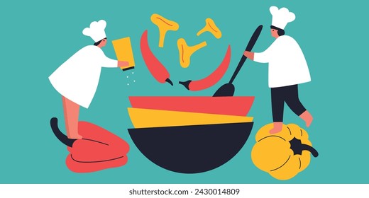 Tiny People cooking on kitchen. Vector flat illustration. Collection of various cartoon man, woman preparing food.