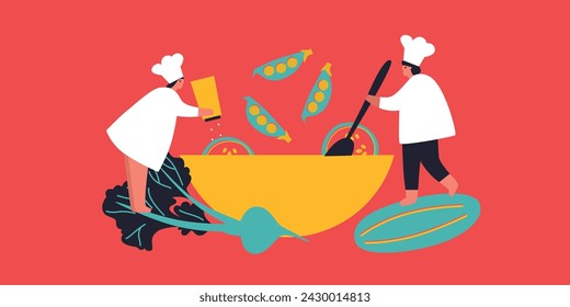 Tiny People cooking on kitchen. Vector flat illustration. Collection of various cartoon man, woman preparing food.