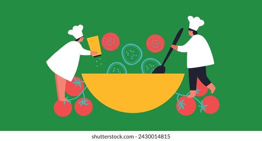 Tiny People cooking on kitchen. Vector flat illustration. Collection of various cartoon man, woman preparing food.
