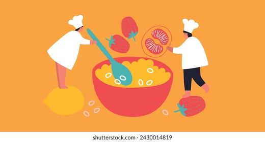 Tiny People cooking on kitchen. Vector flat illustration. Collection of various cartoon man, woman preparing food.