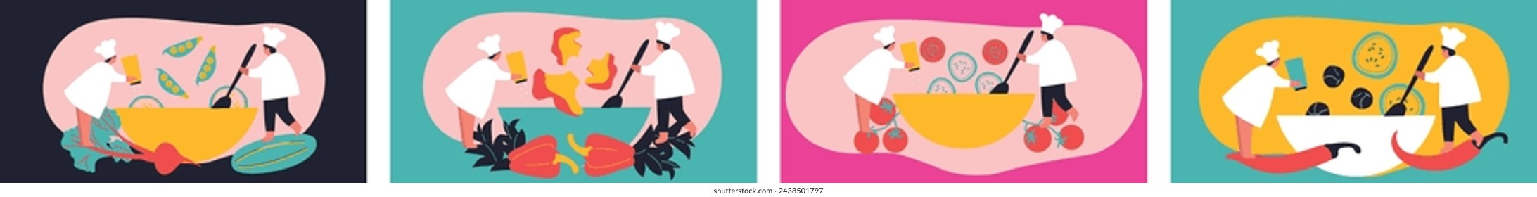 Tiny People cooking on kitchen. Vector flat illustration. Collection of various cartoon man, woman preparing food.	
