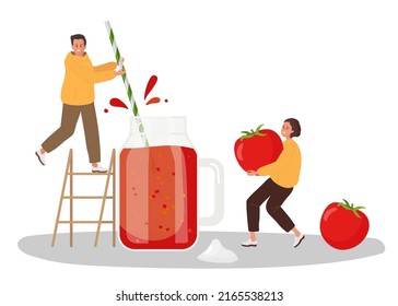 Tiny people cooking tomato juice or smoothie, Woman bringing tomatoes, man standing on ladder and holding straw. Colored flat cartoon vector illustration For cooking site, menu, books