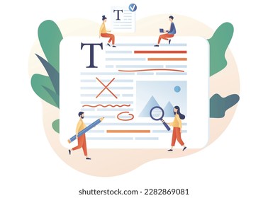 Tiny people copywriters  editing, checking grammar and spelling document page. Editor and copywriting services online. Modern flat cartoon style. Vector illustration on white background
