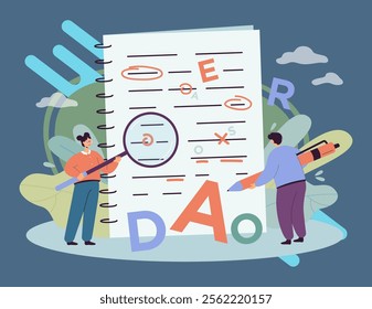 Tiny people correcting grammar and punctuation errors in text. Mistake correction in school or college flat vector illustration. Education concept for banner,  website design or landing web page