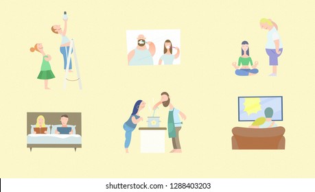 Tiny people couple together at home vector set