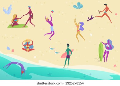 Tiny people and couples on vacation beach top view. Summer travel holidays and beach relaxing and active sport activities vector illustration.