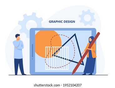 Tiny people creating graphic design on giant tablet. Stylus, creation, art flat vector illustration. Digital technology and profession concept for banner, website design or landing web page