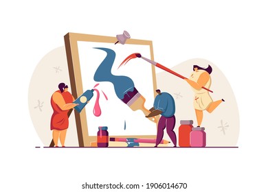 Kleine Leute, die ein Bild in Kunststudio erstellen, flach Vektorgrafik. Cartoon Künstler Malerei oder Zeichnung Meisterwerk auf Leinwand mit Malpinsel. Konzept der Kunstschule und Kunstgemeinschaft