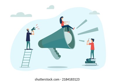 Tiny people creative trainees or company members listening to the performance to skilled coach or senior colleague. Vector illustration flat design style. Professional speaker with megaphone.