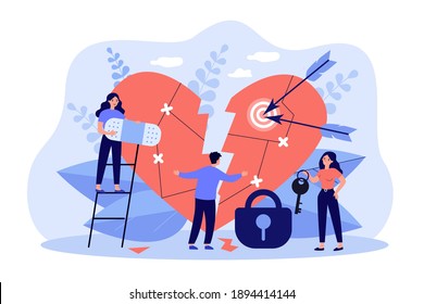 Tiny people curing broken heart flat vector illustration. Cartoon vulnerable and sensitive person fixing fragile heart. Emotion, love and relationship failure concept