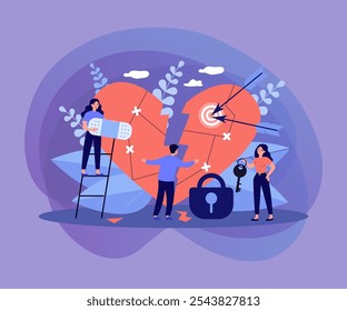 Tiny people curing broken heart flat vector illustration. Cartoon vulnerable and sensitive person fixing fragile heart. Emotion, love and relationship failure concept