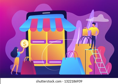 Tiny people customers with bags shopping online with smartphone. Mobile based marketplace, mobile e-shop app, online e-commerce marketplace concept. Bright vibrant violet vector isolated illustration