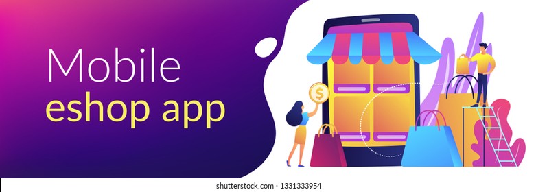Tiny people customers with bags shopping online with smartphone. Mobile based marketplace, mobile e-shop app, online e-commerce marketplace concept. Header or footer banner template with copy space.