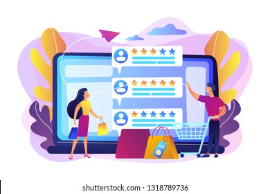 Tiny people customers rating online with reputation system program. Seller reputation system, top rated product, customer feedback rate concept. Bright vibrant violet vector isolated illustration