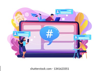 Tiny people customers receive messages from microblogging service. Microblog platform, microblogging market, microblog marketing service concept. Bright vibrant violet vector isolated illustration