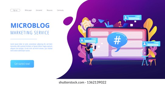 Tiny people customers receive messages from microblogging service. Microblog platform, microblogging market, microblog marketing service concept. Website vibrant violet landing web page template.