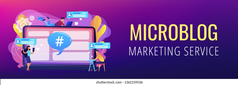 Los pequeños clientes reciben mensajes del servicio de microblogueo. plataforma de microblog, mercado de microblogueo, concepto de servicio de marketing de microblogs. Plantilla de banner de encabezado o pie de página con espacio de copia.