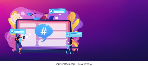 Los pequeños clientes reciben mensajes del servicio de microblogueo. plataforma de microblog, mercado de microblogueo, concepto de servicio de marketing de microblogs. Plantilla de banner de encabezado o pie de página con espacio de copia.
