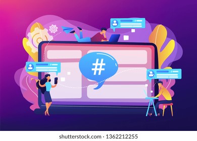 Tiny people customers receive messages from microblogging service. Microblog platform, microblogging market, microblog marketing service concept. Bright vibrant violet vector isolated illustration