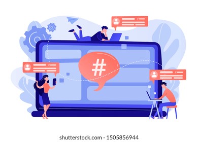 Tiny people customers receive messages from microblogging service. Microblog platform, microblogging market, microblog marketing service concept. Bright vibrant violet vector isolated illustration