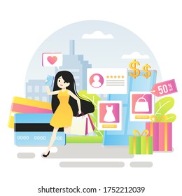 Tiny people customers shopping online with smartphone. Mobile based marketplace, mobile e-shop app, online e-commerce marketplace concept. Vector illustration