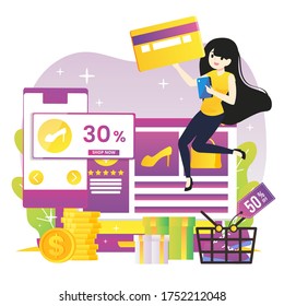 Tiny people customers shopping online with smartphone. Mobile based marketplace, mobile e-shop app, online e-commerce marketplace concept. Vector illustration