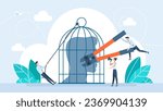 Tiny people cut a birdcage with a bolt cutter to free a human head. Open mind to new ideas and knowledge. Freeing brain from imprisonment. Opening creative mind. Unlock potential. Vector illustration