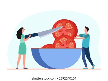Tiny people cutting huge tomato in bowl. Knife, meal, food flat vector illustration. Cooking and vegetables concept for banner, website design or landing web page