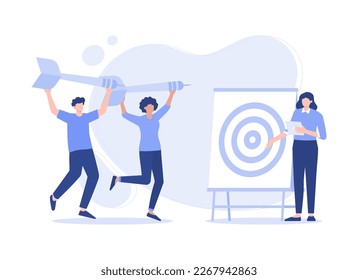 Tiny people with the dart ready to the goal target as directed by the manager, the road to achieving the target. Modern vector flat illustration