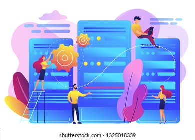 Tiny people data center engineers and administrator working with servers. Data center, centralized computer system, remote data storage concept. Bright vibrant violet vector isolated illustration